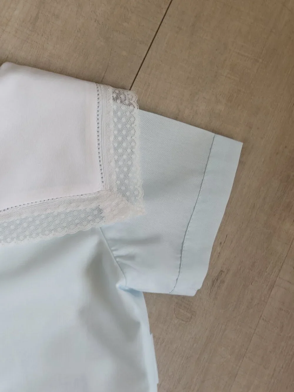 Blue Heirloom Romper Jon Jon Button Tab White Vintage Lace Collar Ring Bearer